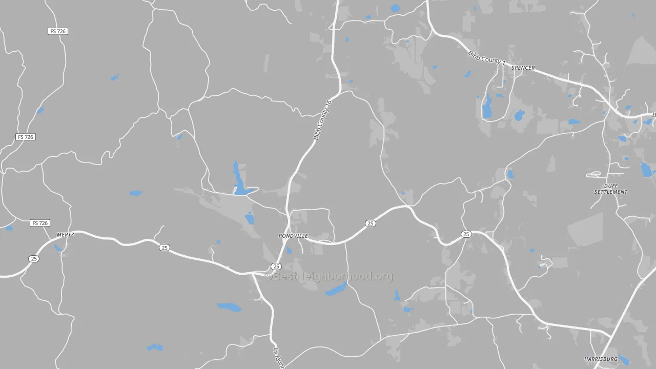 Walk Grade map of Pondville, AL, walkable areas in green and car-dependent areas in red