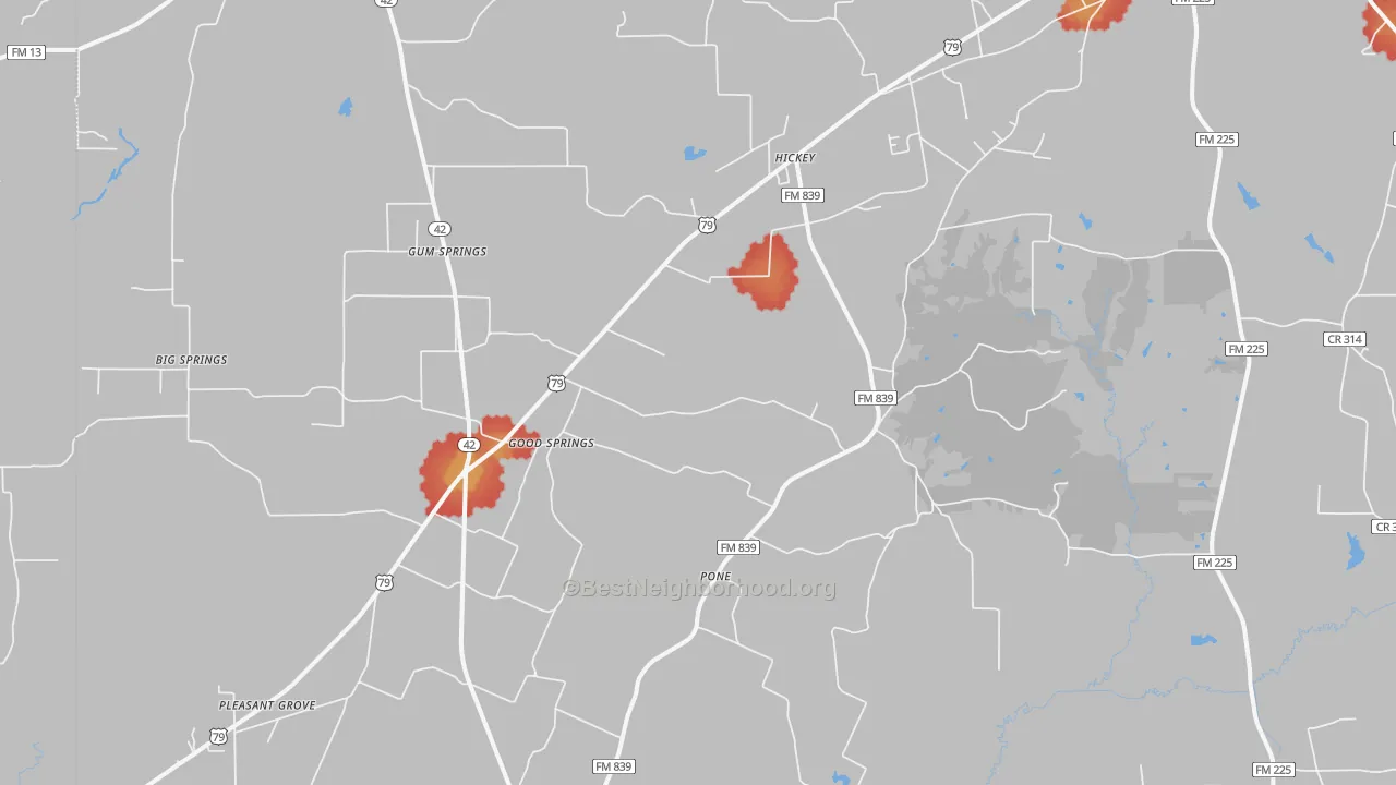 Walk Grade map of Pone, TX, walkable areas in green and car-dependent areas in red