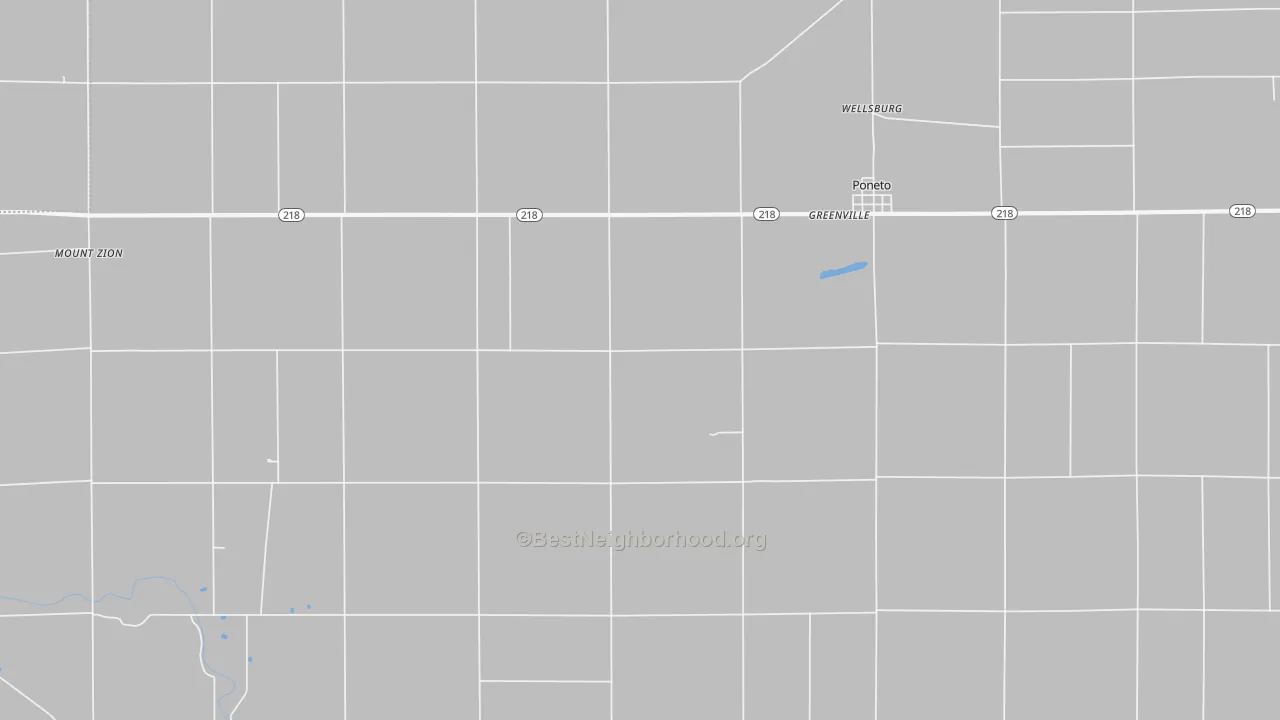 Walk Grade map of Poneto, IN, walkable areas in green and car-dependent areas in red