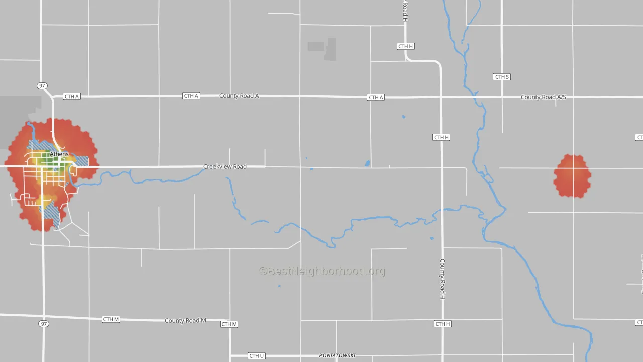 Walk Grade map of Poniatowski, WI, walkable areas in green and car-dependent areas in red