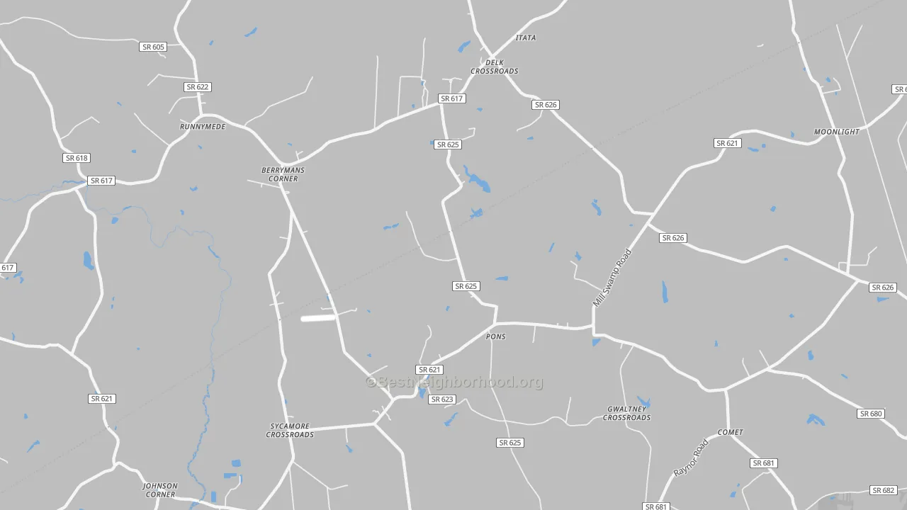 Walk Grade map of Pons, VA, walkable areas in green and car-dependent areas in red