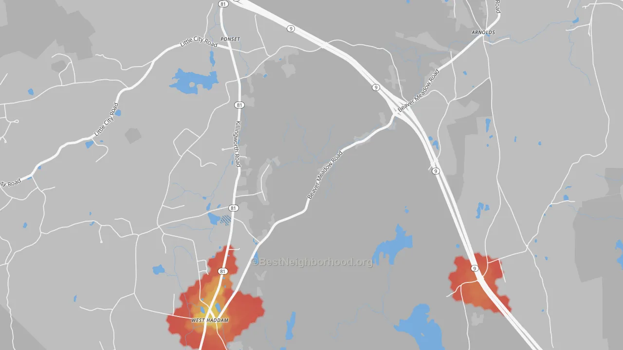 Walk Grade map of Ponset, CT, walkable areas in green and car-dependent areas in red