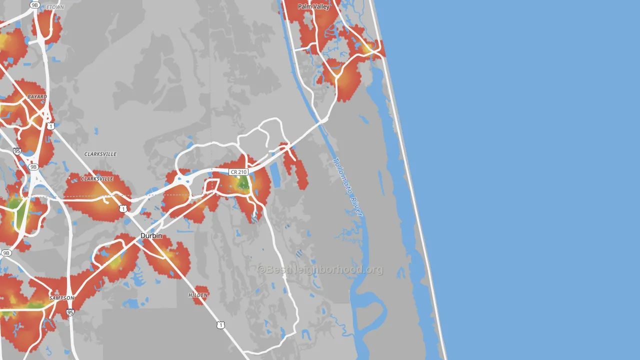Walk Grade map of Ponte Vedra Beach, FL, walkable areas in green and car-dependent areas in red