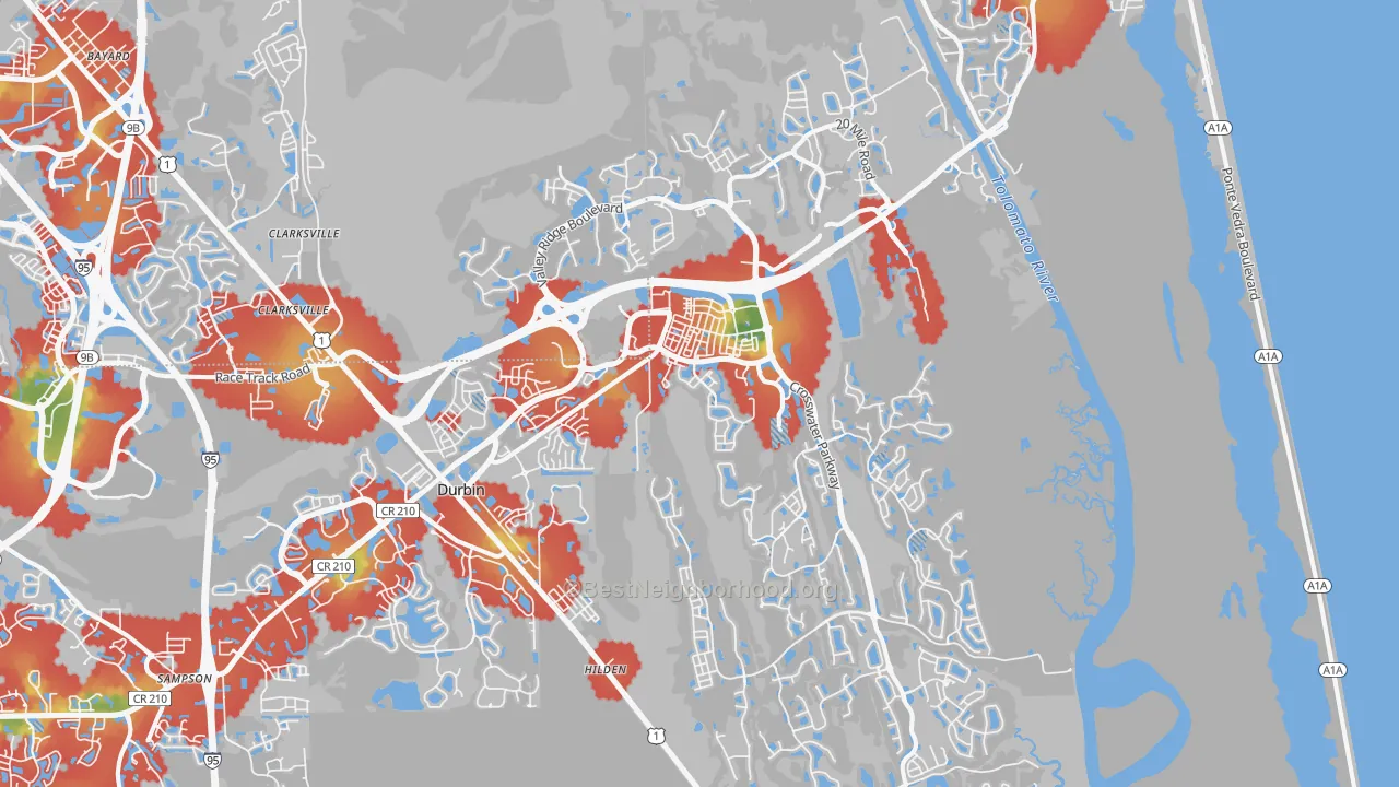 Walk Grade map of Ponte Vedra, FL, walkable areas in green and car-dependent areas in red