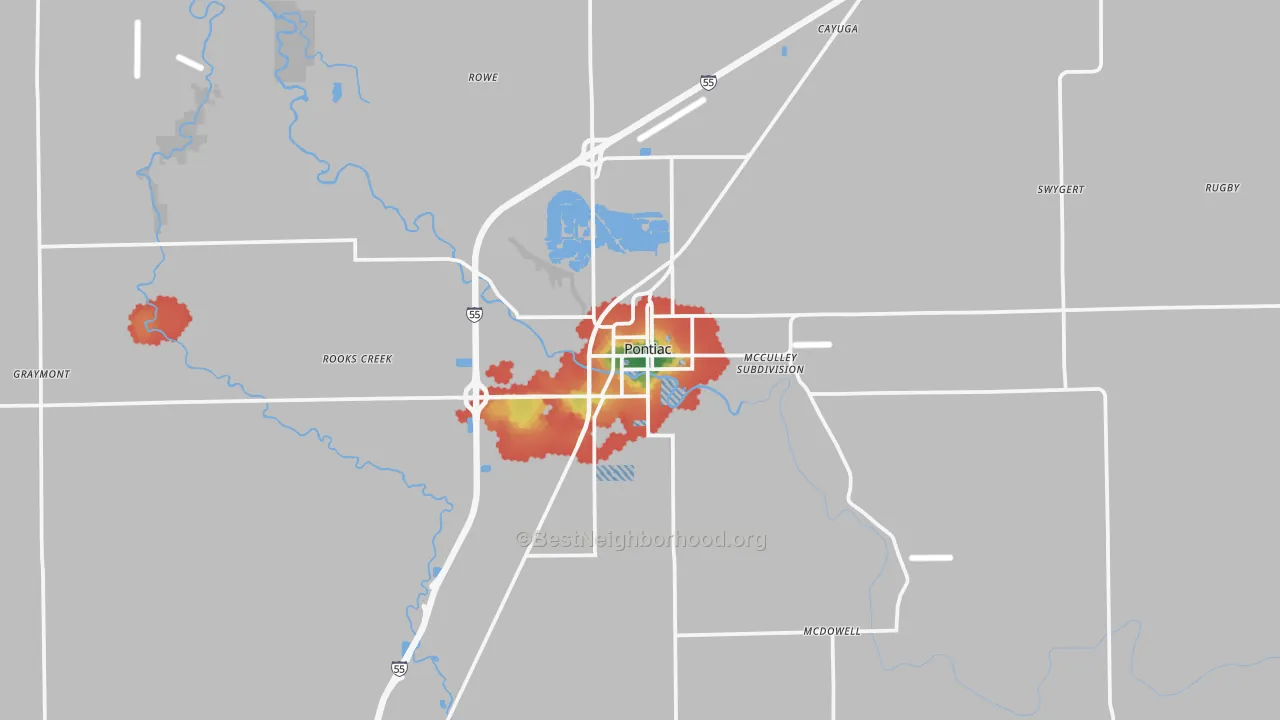 Walk Grade map of Pontiac, IL, walkable areas in green and car-dependent areas in red