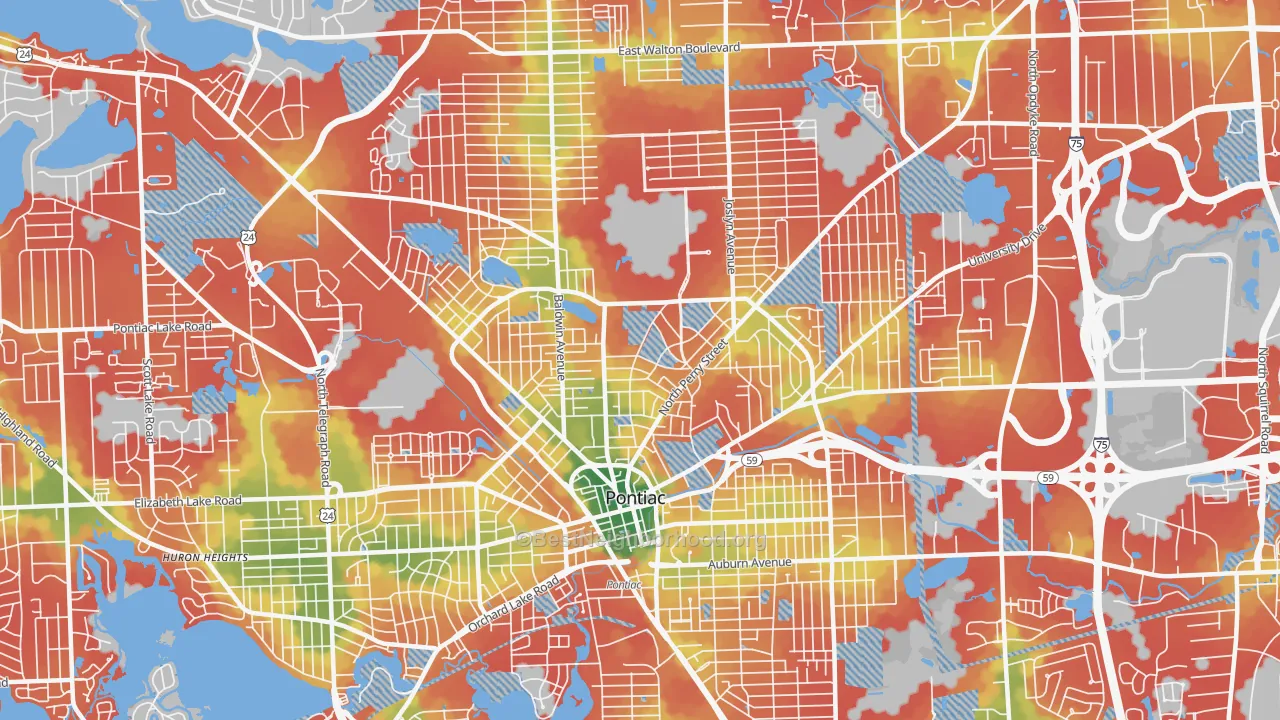 Walk Grade map of Pontiac, MI, walkable areas in green and car-dependent areas in red