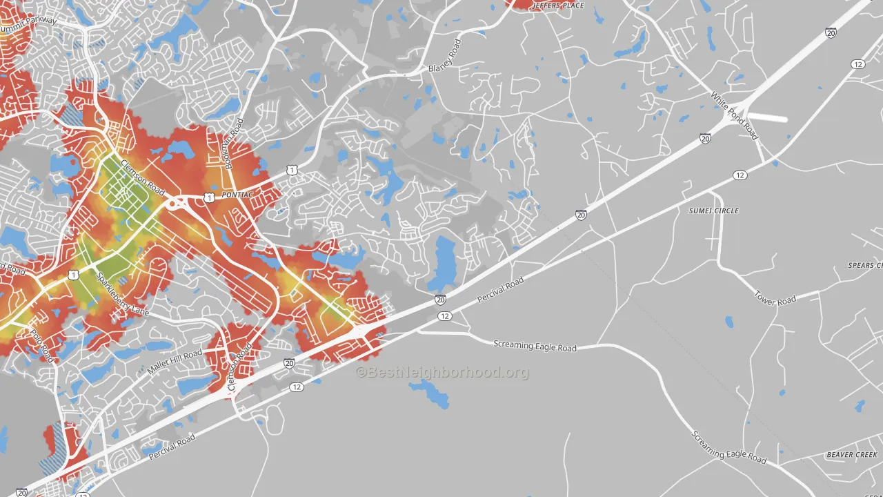 Walk Grade map of Pontiac, SC, walkable areas in green and car-dependent areas in red