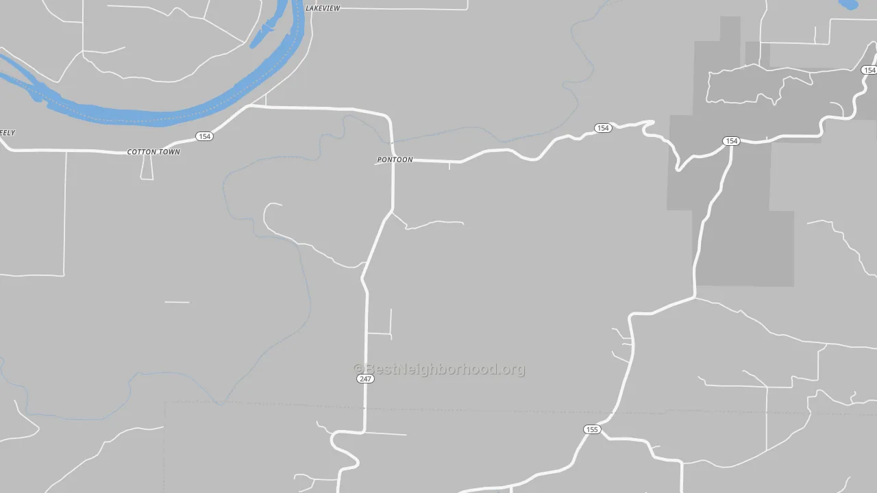 Walk Grade map of Pontoon, AR, walkable areas in green and car-dependent areas in red
