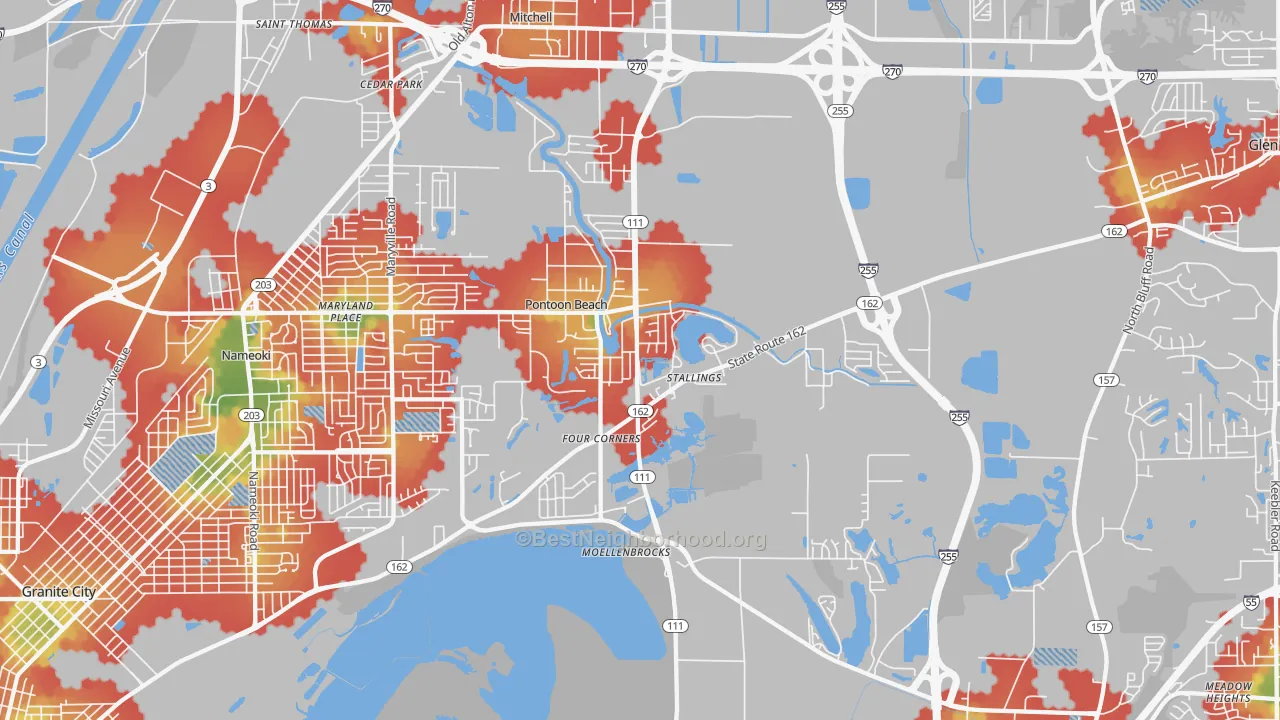 Walk Grade map of Pontoon Beach, IL, walkable areas in green and car-dependent areas in red