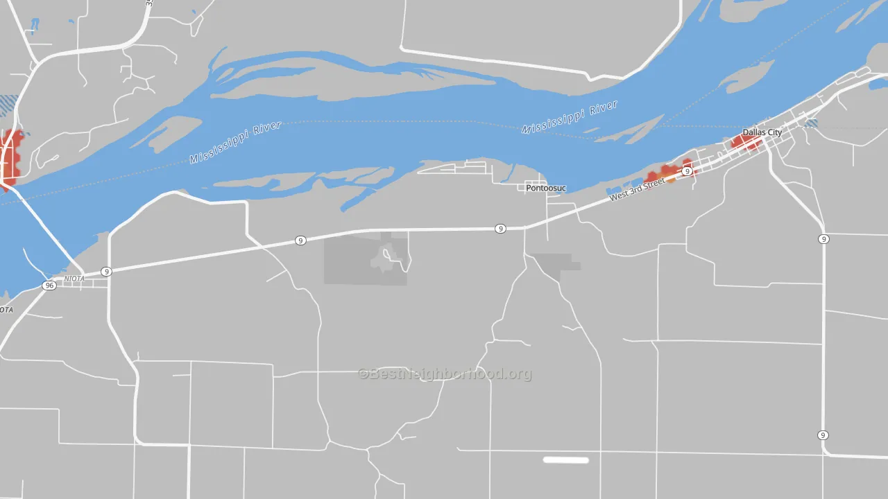 Walk Grade map of Pontoosuc, IL, walkable areas in green and car-dependent areas in red