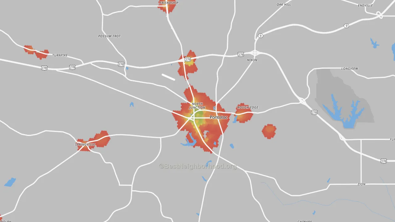 Walk Grade map of Pontotoc County, MS, walkable areas in green and car-dependent areas in red