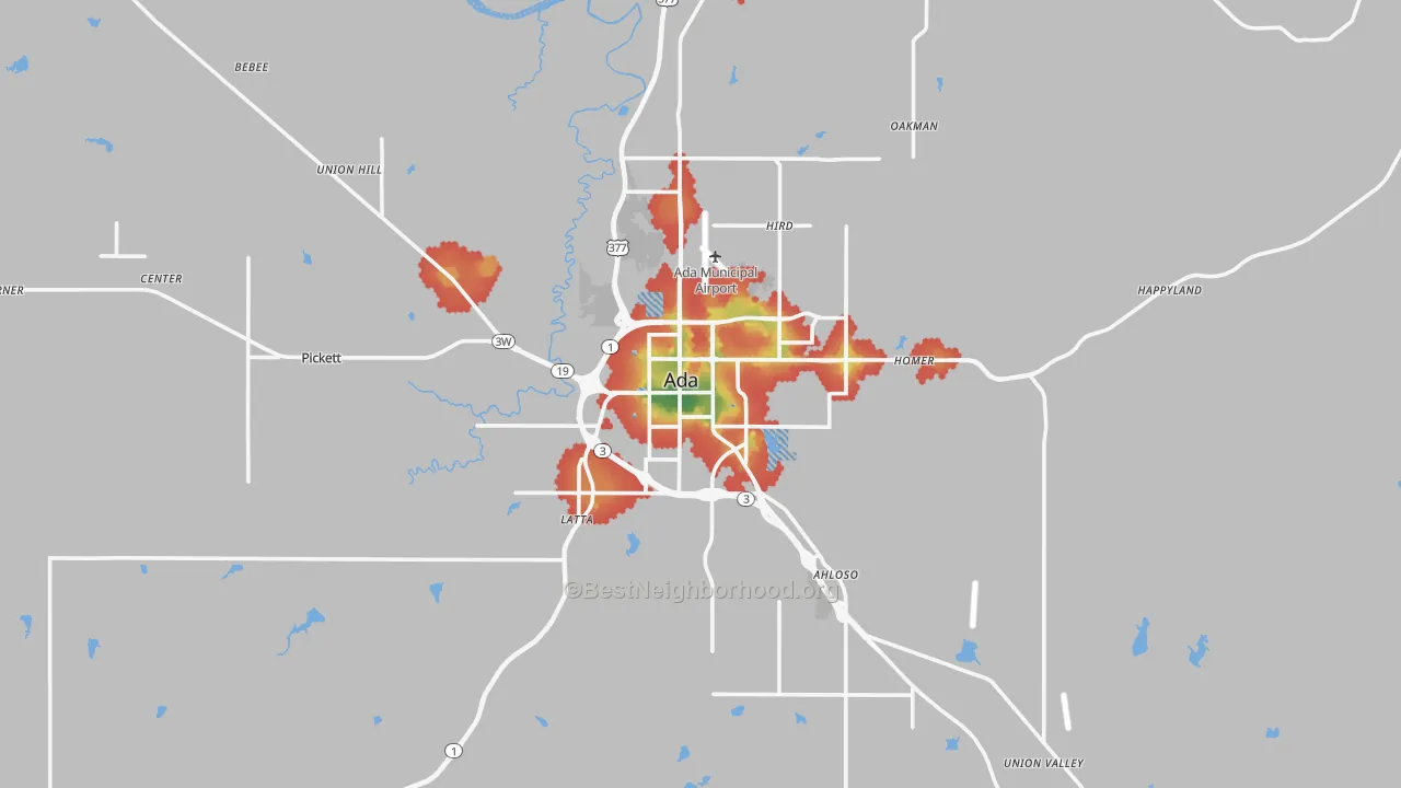 Walk Grade map of Pontotoc County, OK, walkable areas in green and car-dependent areas in red