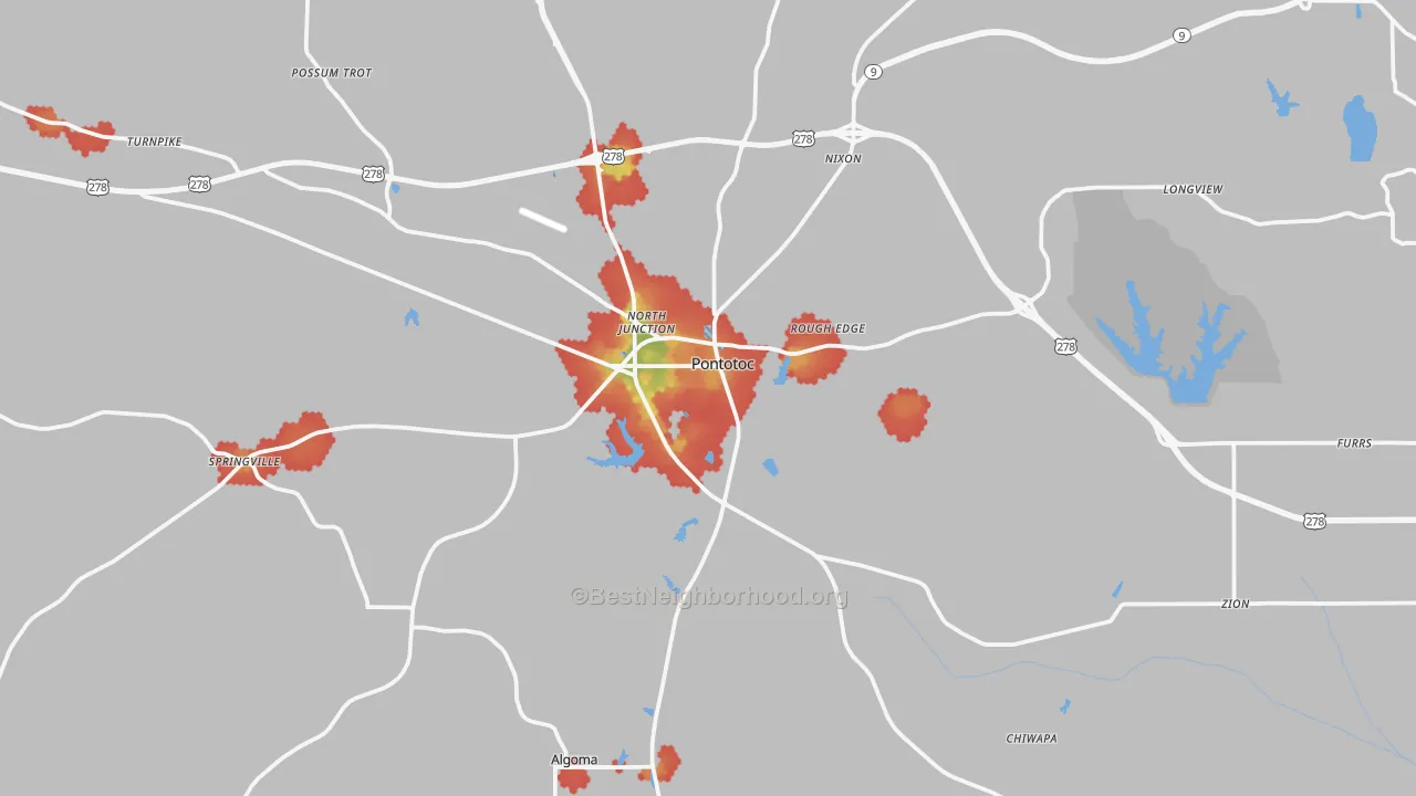 Walk Grade map of Pontotoc, MS, walkable areas in green and car-dependent areas in red