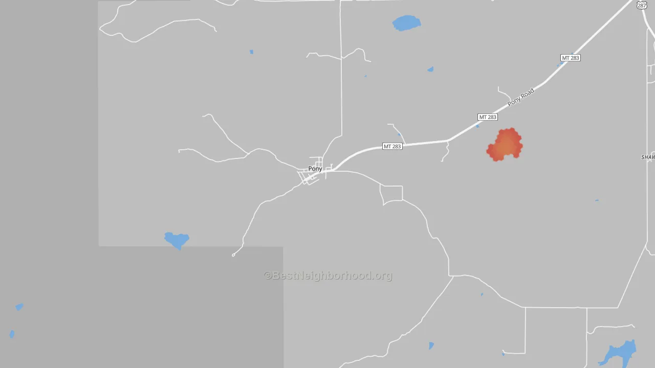 Walk Grade map of Pony, MT, walkable areas in green and car-dependent areas in red