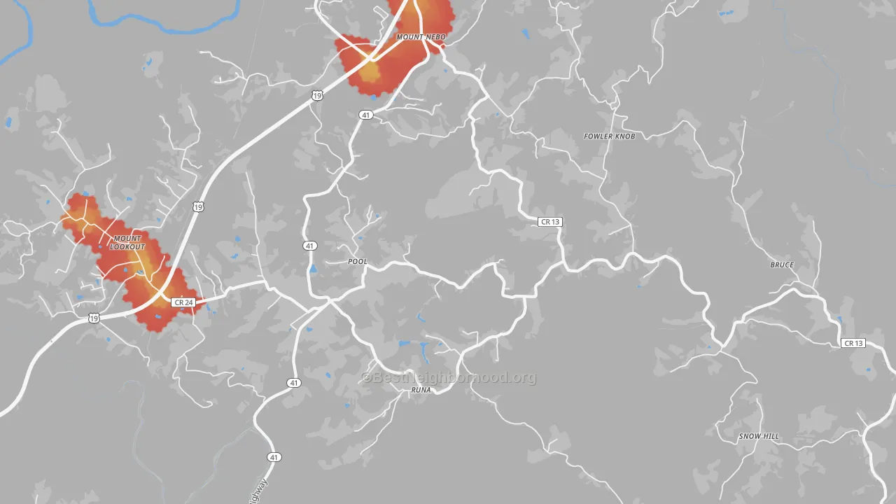 Walk Grade map of Pool, WV, walkable areas in green and car-dependent areas in red