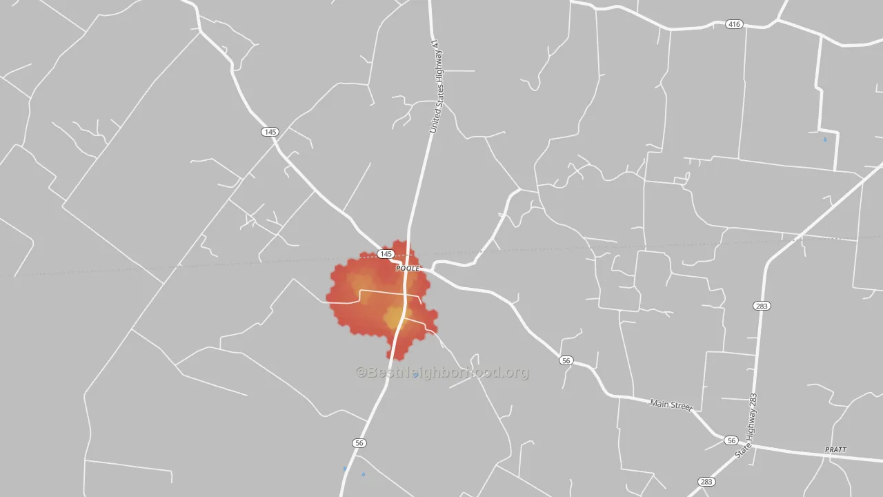 Walk Grade map of Poole, KY, walkable areas in green and car-dependent areas in red