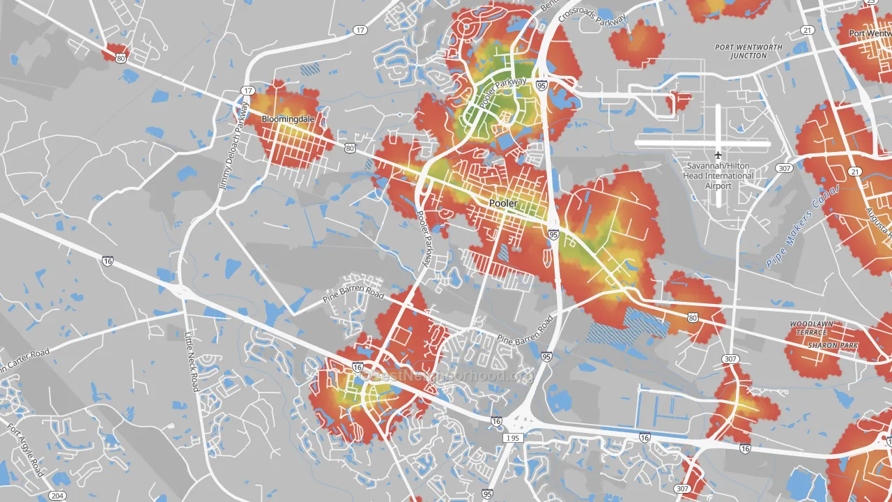 Walk Grade map of Pooler, GA, walkable areas in green and car-dependent areas in red