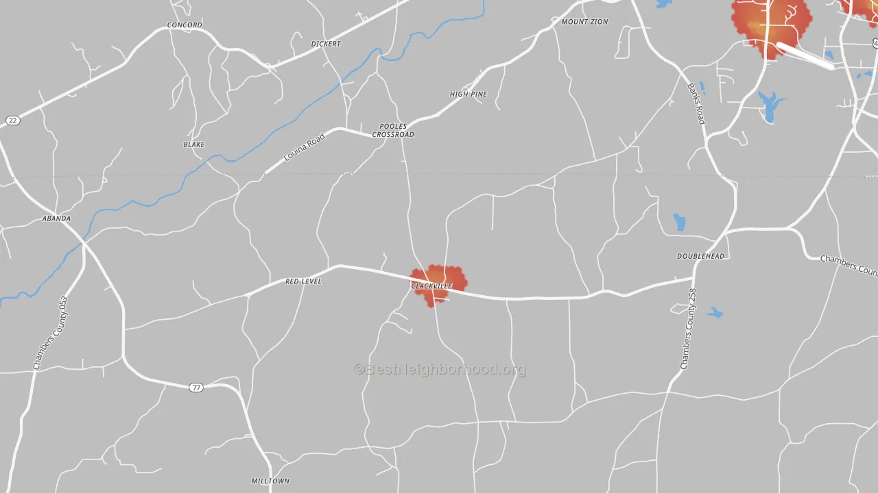 Walk Grade map of Pooles Crossroad, AL, walkable areas in green and car-dependent areas in red