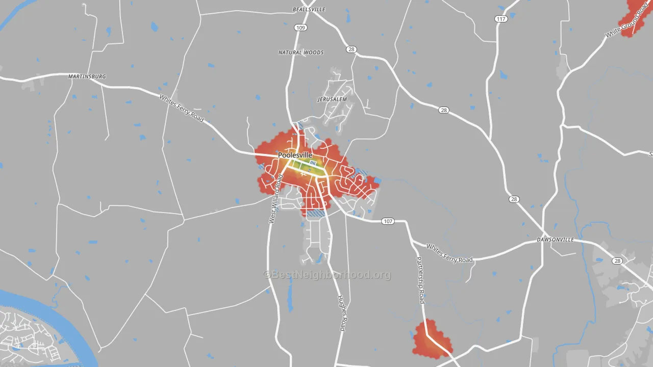 Walk Grade map of Poolesville, MD, walkable areas in green and car-dependent areas in red