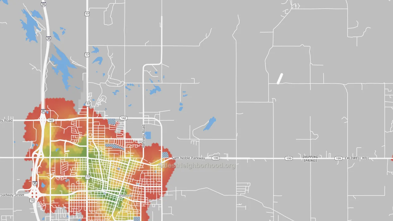 Walk Grade map of Pooleville, OK, walkable areas in green and car-dependent areas in red