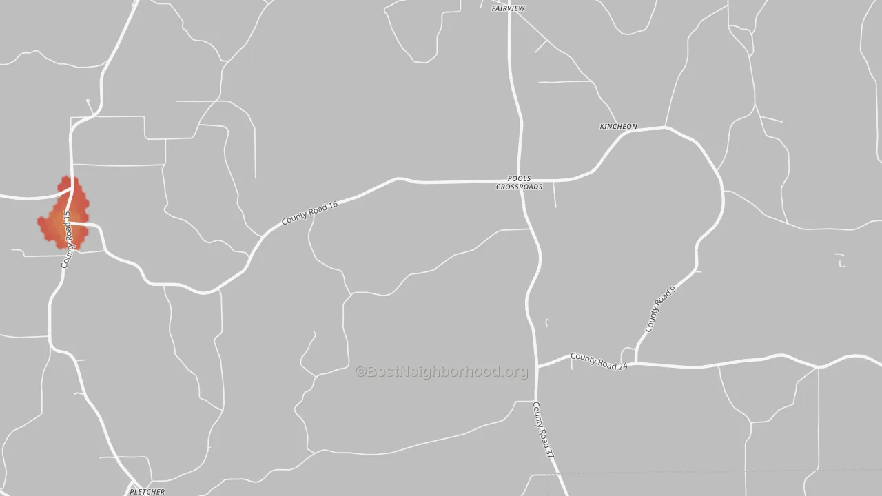 Walk Grade map of Pools Crossroads, AL, walkable areas in green and car-dependent areas in red