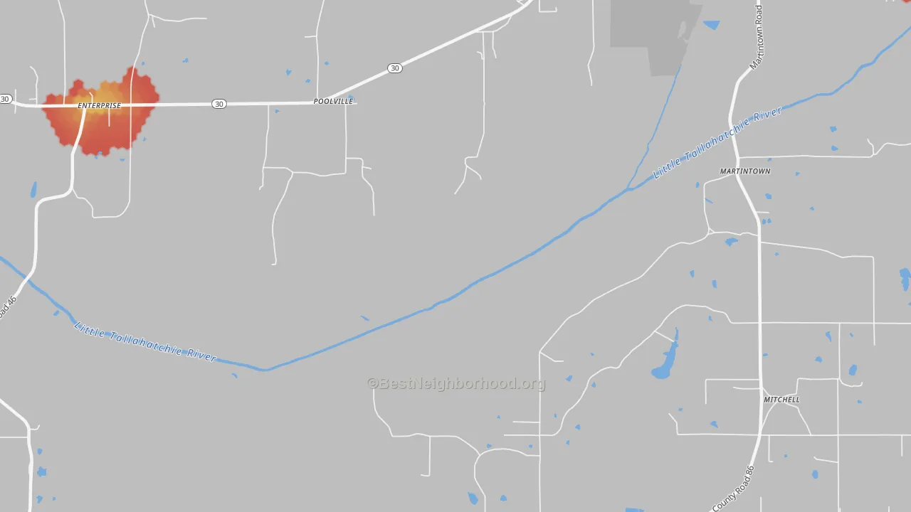 Walk Grade map of Poolville, MS, walkable areas in green and car-dependent areas in red