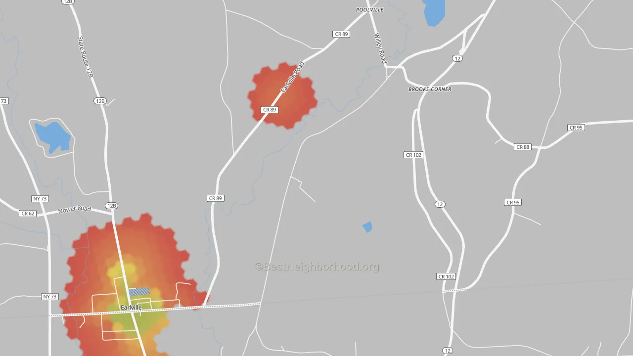 Walk Grade map of Poolville, NY, walkable areas in green and car-dependent areas in red