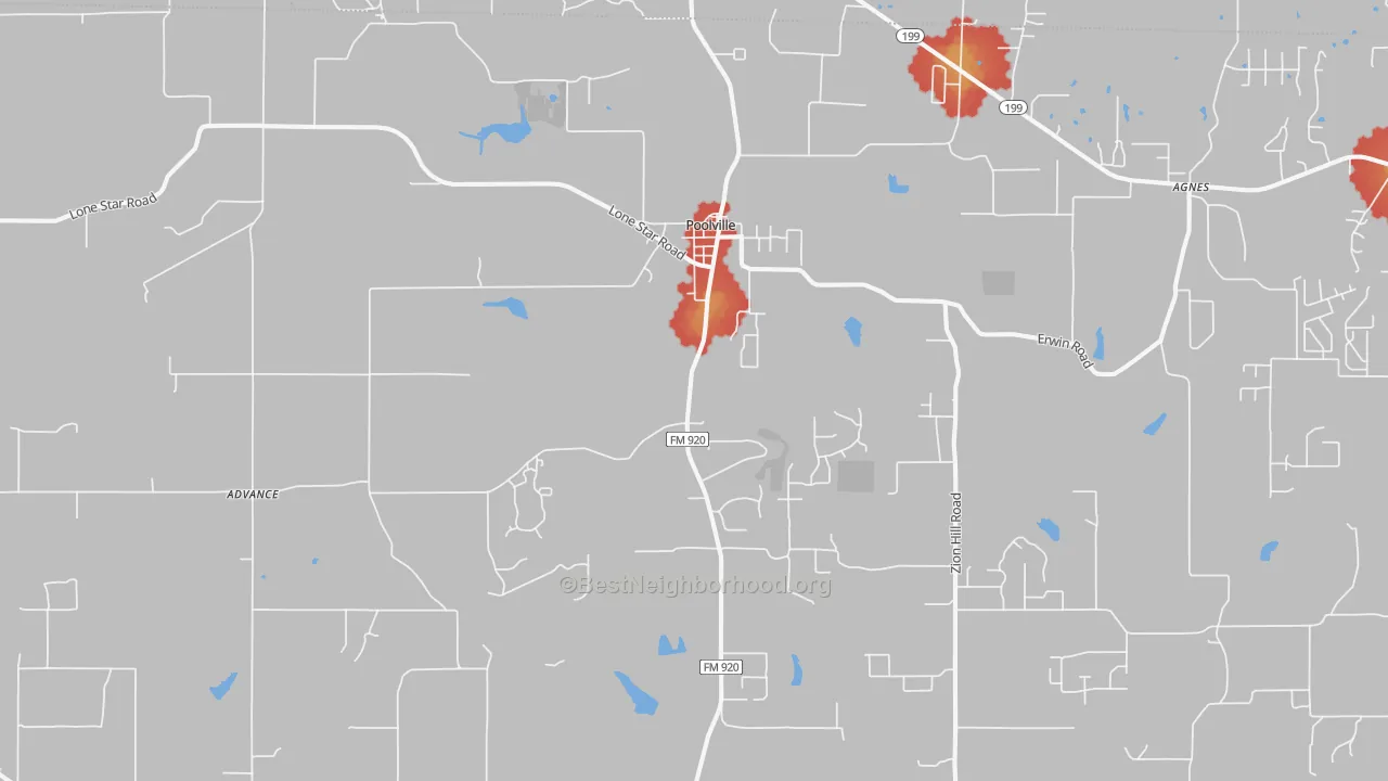 Walk Grade map of Poolville, TX, walkable areas in green and car-dependent areas in red