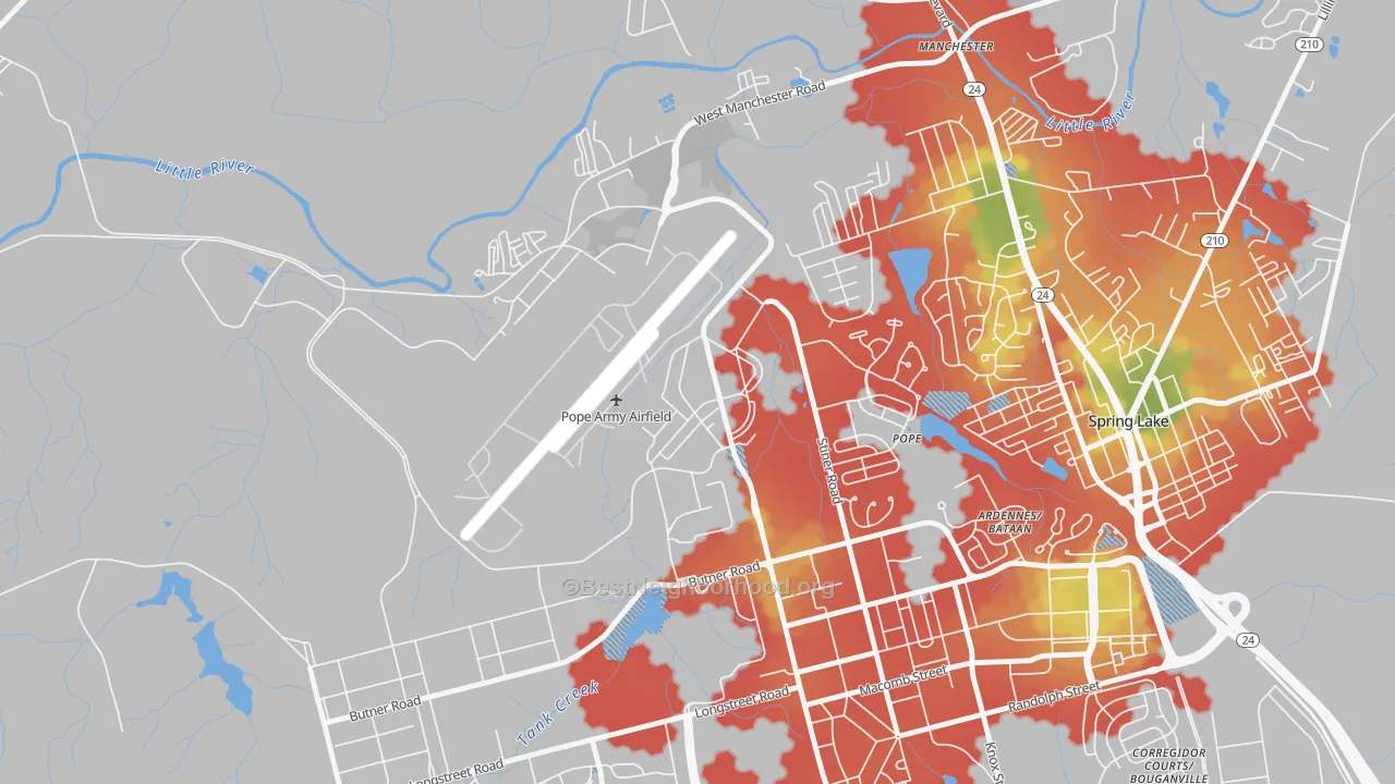 Walk Grade map of Pope Air Force Base, NC, walkable areas in green and car-dependent areas in red
