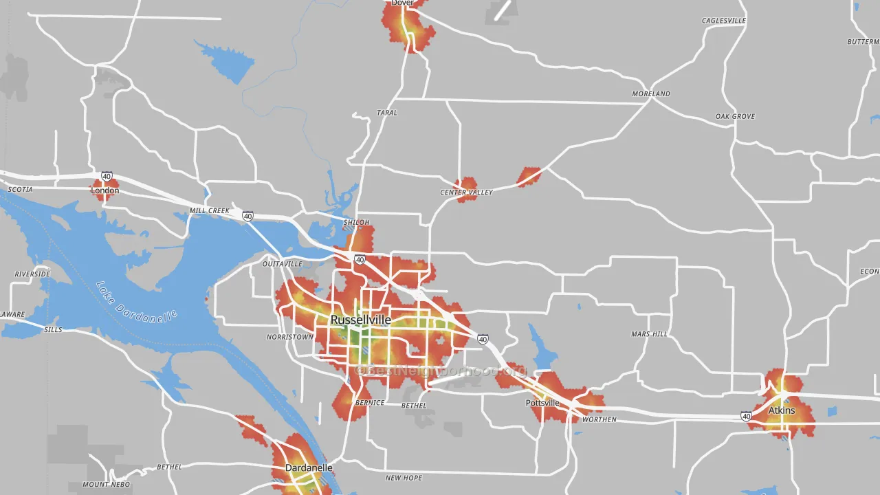Walk Grade map of Pope County, AR, walkable areas in green and car-dependent areas in red