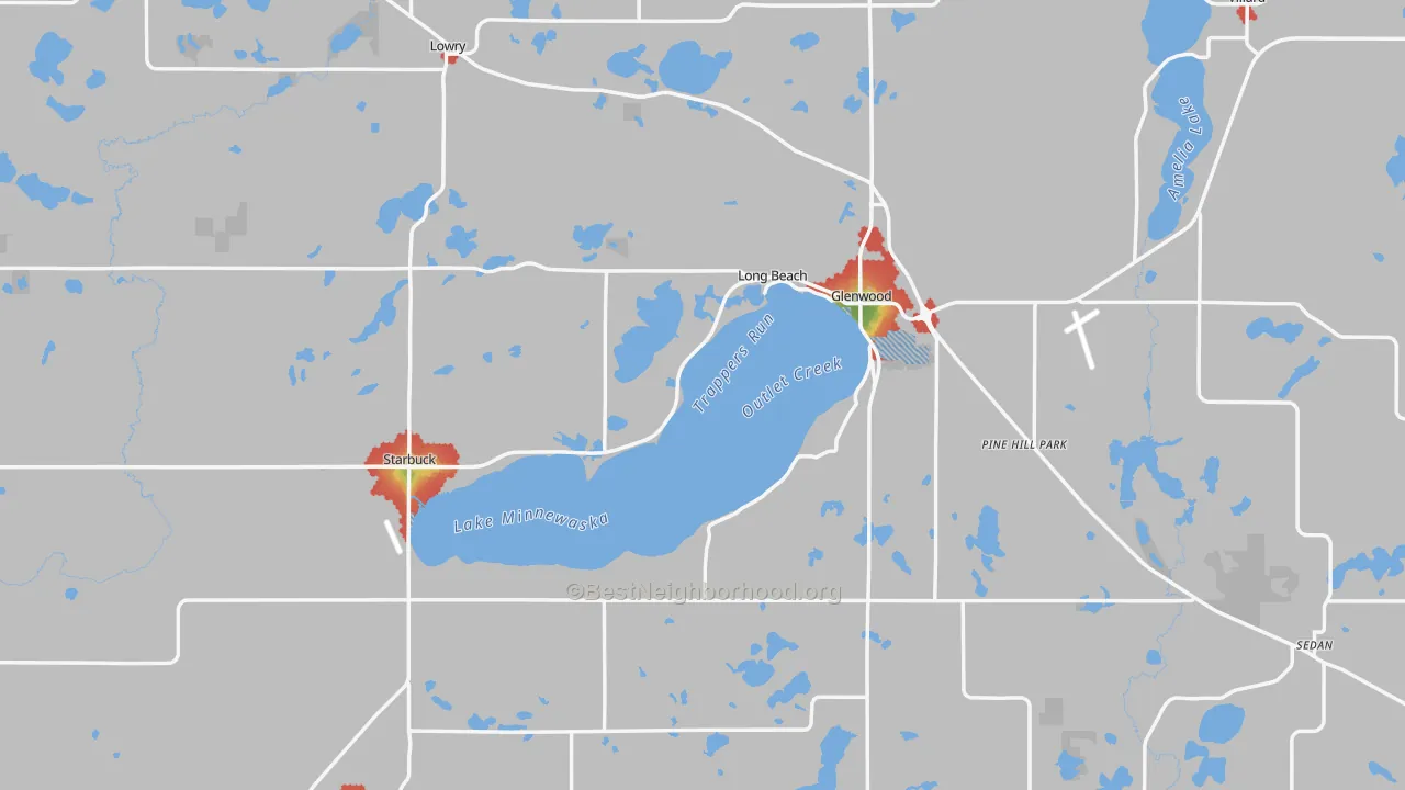 Walk Grade map of Pope County, MN, walkable areas in green and car-dependent areas in red
