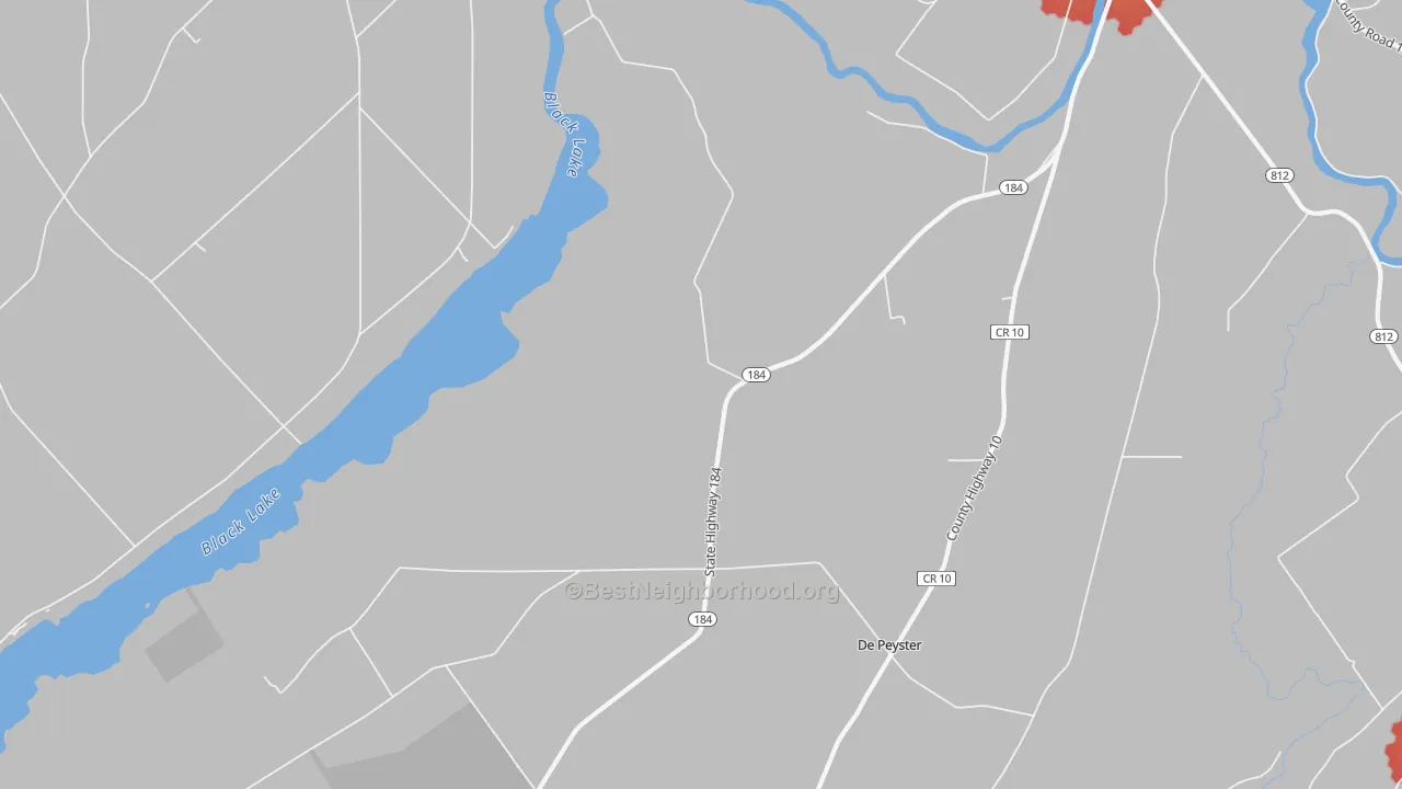 Walk Grade map of Pope Mills, NY, walkable areas in green and car-dependent areas in red