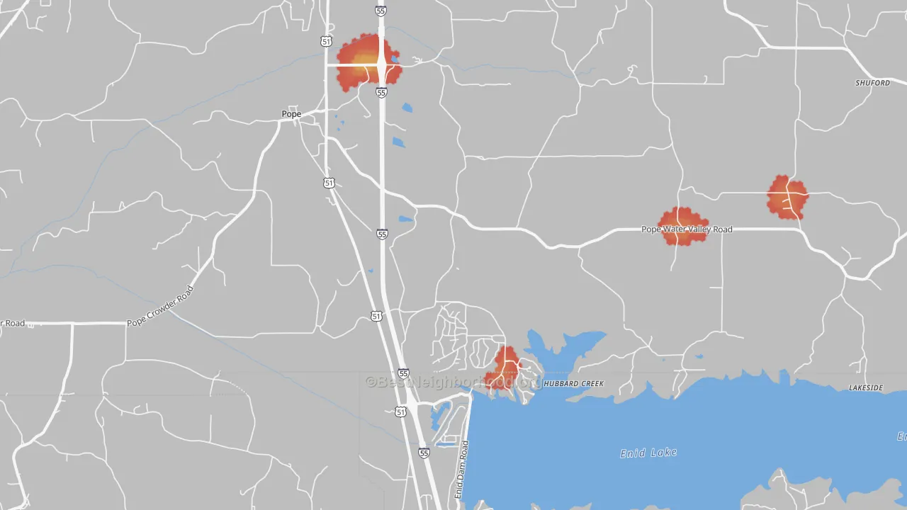 Walk Grade map of Pope, MS, walkable areas in green and car-dependent areas in red