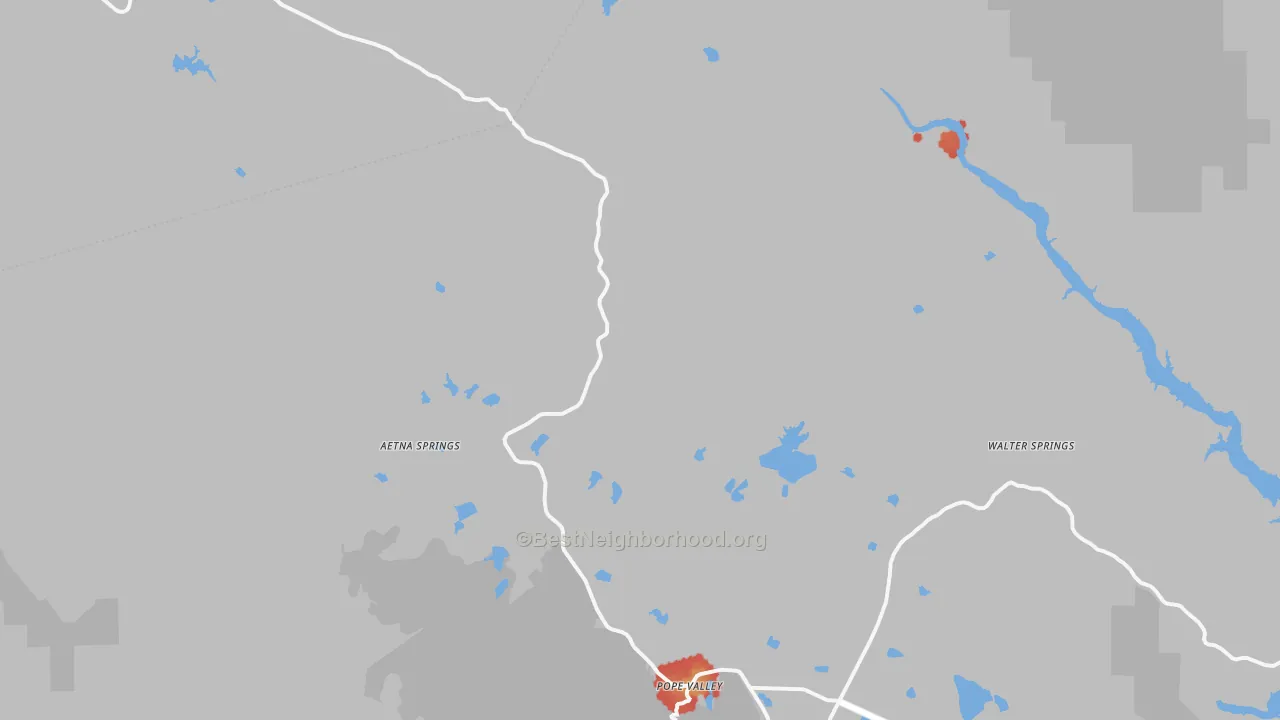 Walk Grade map of Pope Valley, CA, walkable areas in green and car-dependent areas in red