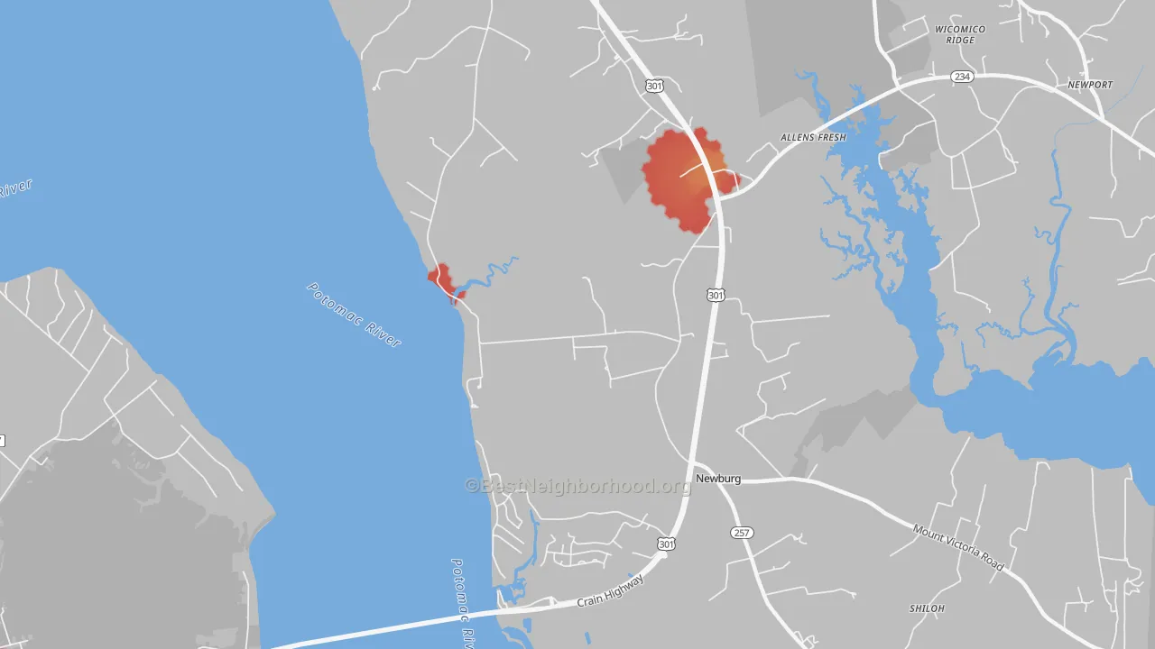 Walk Grade map of Popes Creek, MD, walkable areas in green and car-dependent areas in red