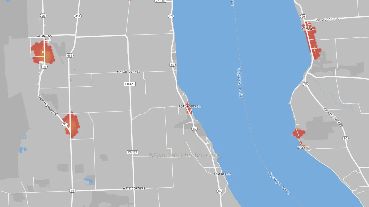 Walk Grade map of Poplar Beach, NY, walkable areas in green and car-dependent areas in red