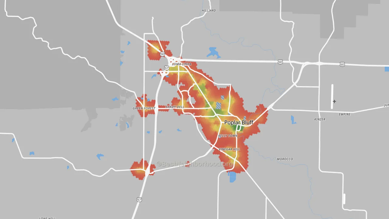 Walk Grade map of Poplar Bluff, MO, walkable areas in green and car-dependent areas in red