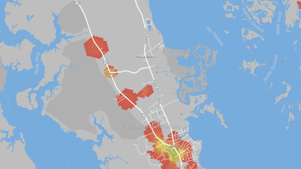 Walk Grade map of Poplar Branch, NC, walkable areas in green and car-dependent areas in red