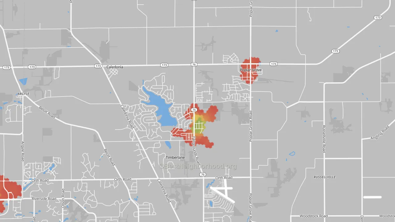 Walk Grade map of Poplar Grove, IL, walkable areas in green and car-dependent areas in red