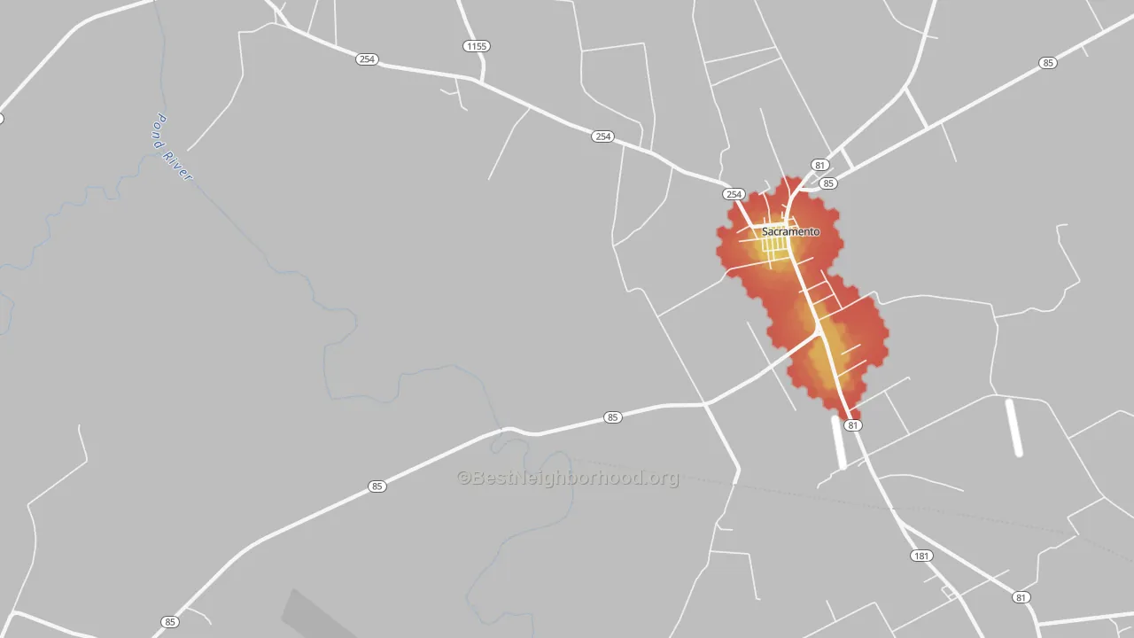 Walk Grade map of Poplar Grove, KY, walkable areas in green and car-dependent areas in red