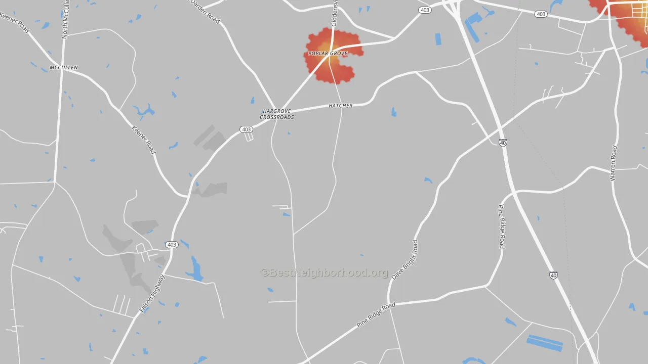 Walk Grade map of Poplar Grove, NC, walkable areas in green and car-dependent areas in red