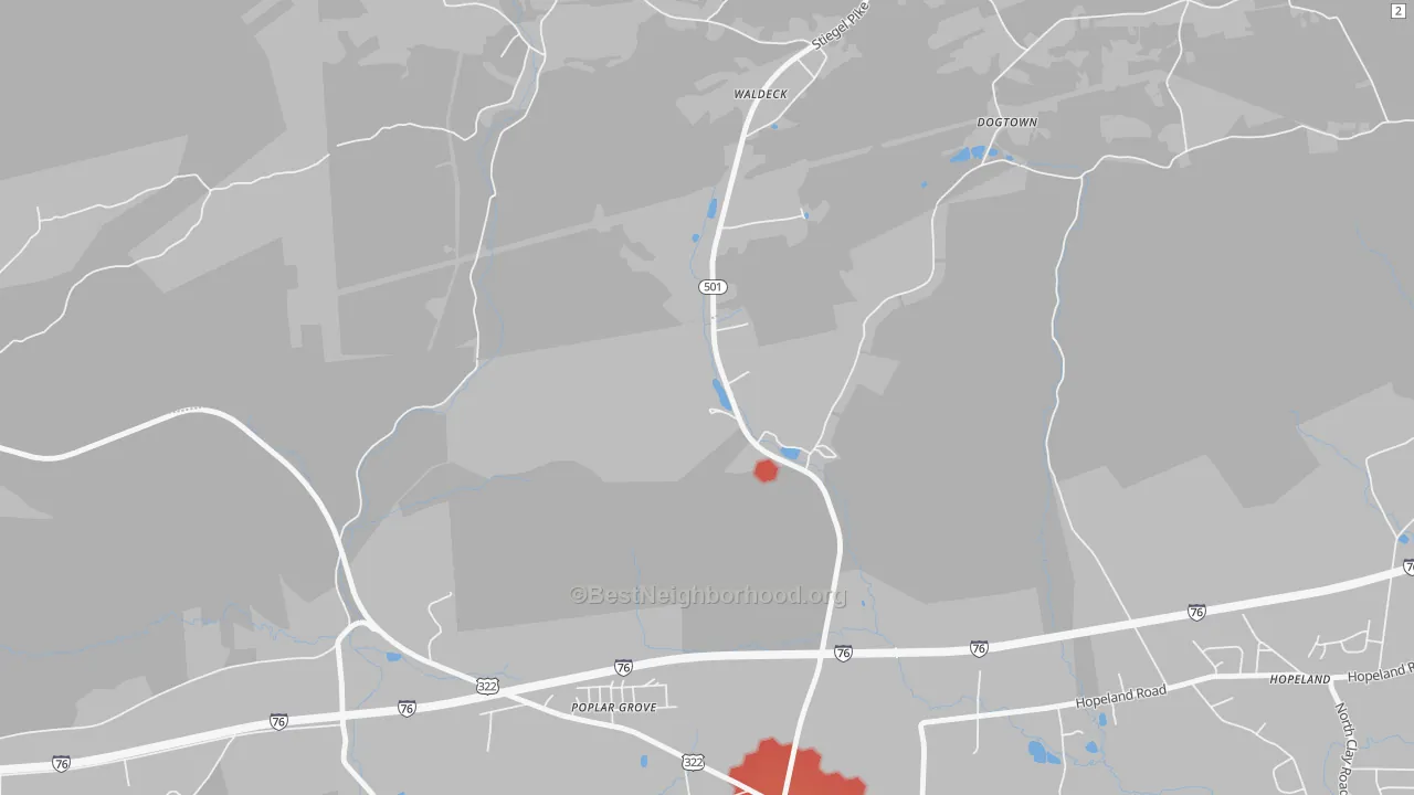 Walk Grade map of Poplar Grove, PA, walkable areas in green and car-dependent areas in red