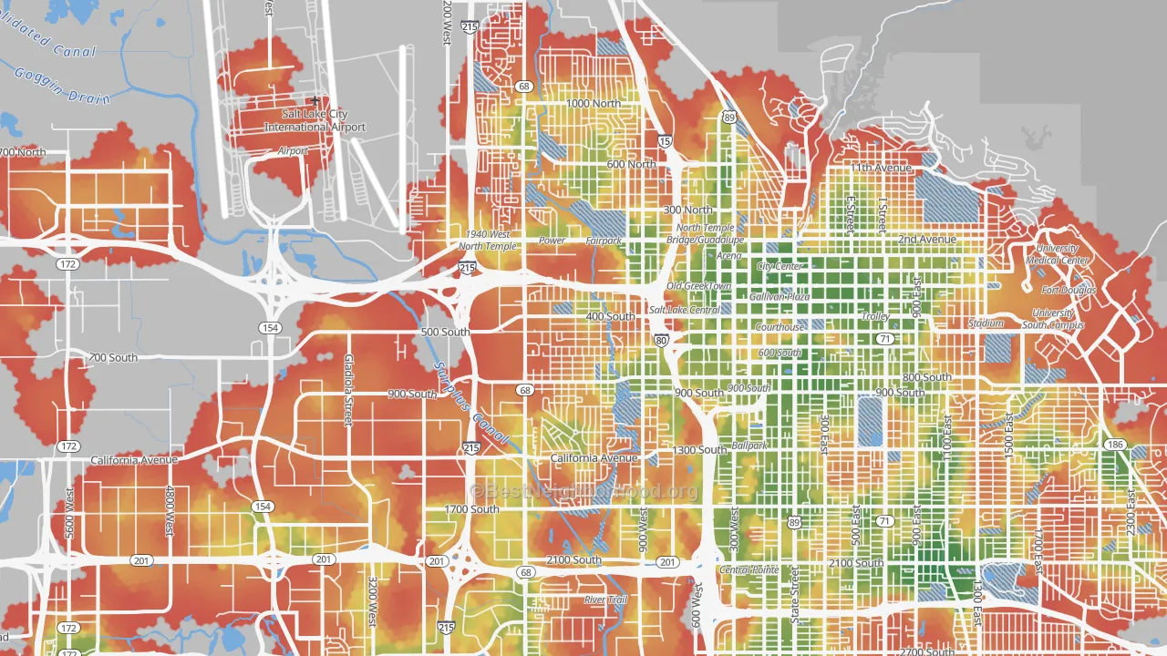 Walk Grade map of Poplar Grove, Salt Lake City, UT, walkable areas in green and car-dependent areas in red