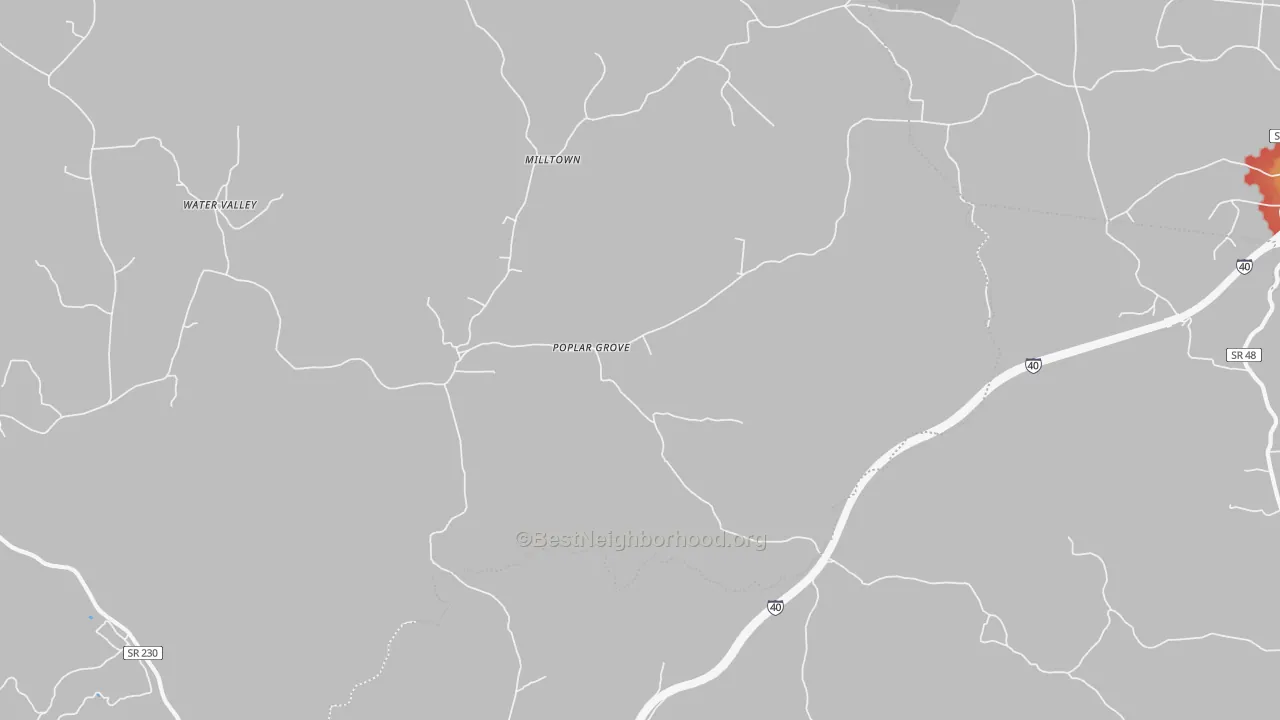 Walk Grade map of Poplar Grove, TN, walkable areas in green and car-dependent areas in red
