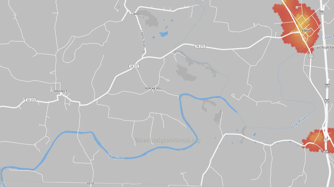 Walk Grade map of Poplar Hill, TN, walkable areas in green and car-dependent areas in red