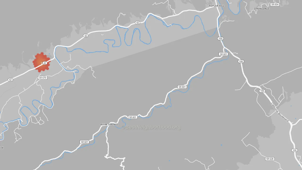Walk Grade map of Poplar Hill, VA, walkable areas in green and car-dependent areas in red