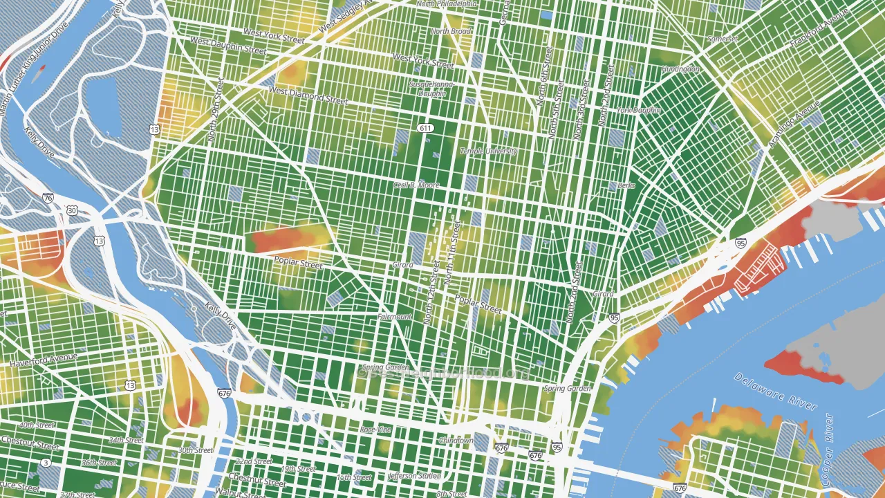 Walk Grade map of Poplar-Ludlow-Yorktowne, Philadelphia, PA, walkable areas in green and car-dependent areas in red