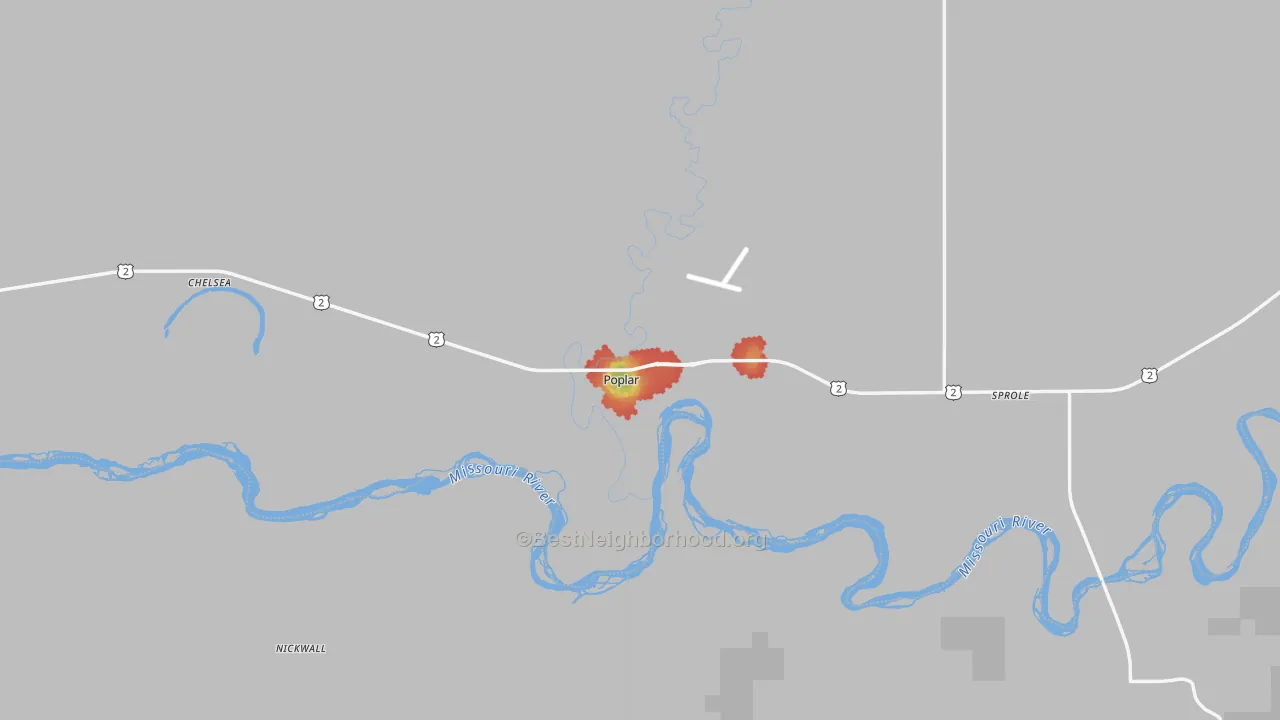 Walk Grade map of Poplar, MT, walkable areas in green and car-dependent areas in red