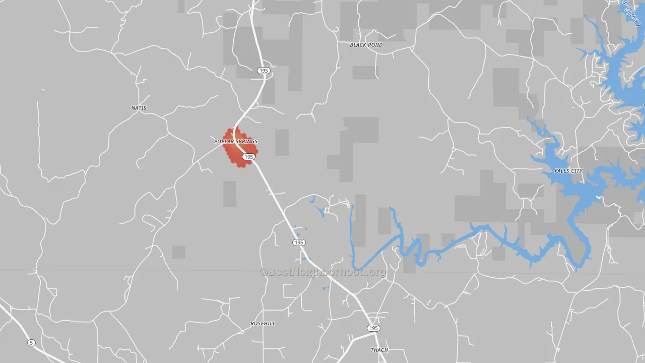 Walk Grade map of Poplar Springs, AL, walkable areas in green and car-dependent areas in red