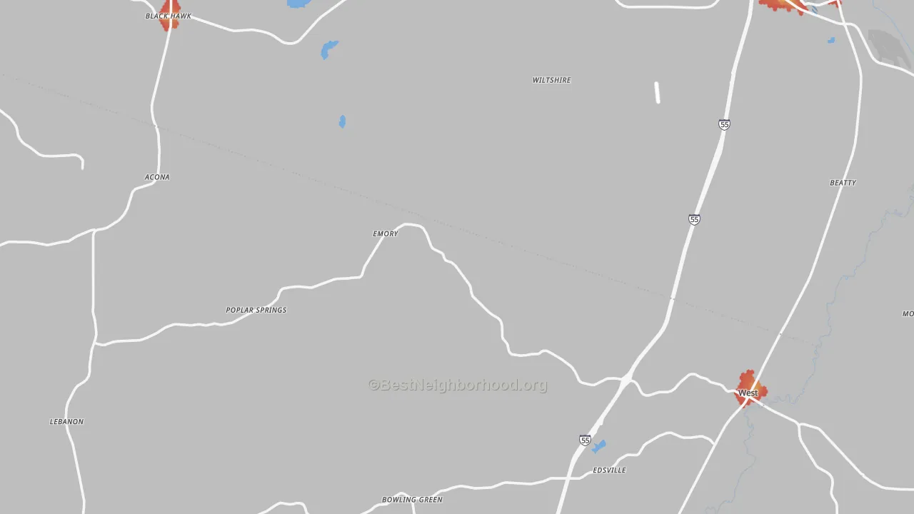 Walk Grade map of Poplar Springs, MS, walkable areas in green and car-dependent areas in red